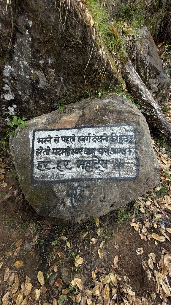 A painted stone on a leaf-covered Himalayan trail inviting travellers to Madmaheshwar Dham